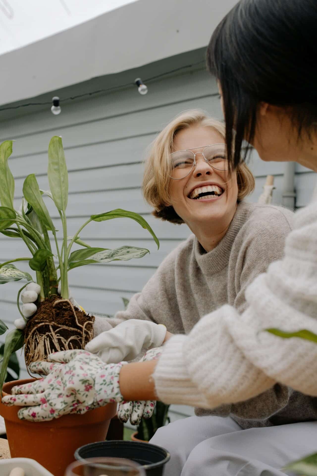 2 ladies smiling while gardening.